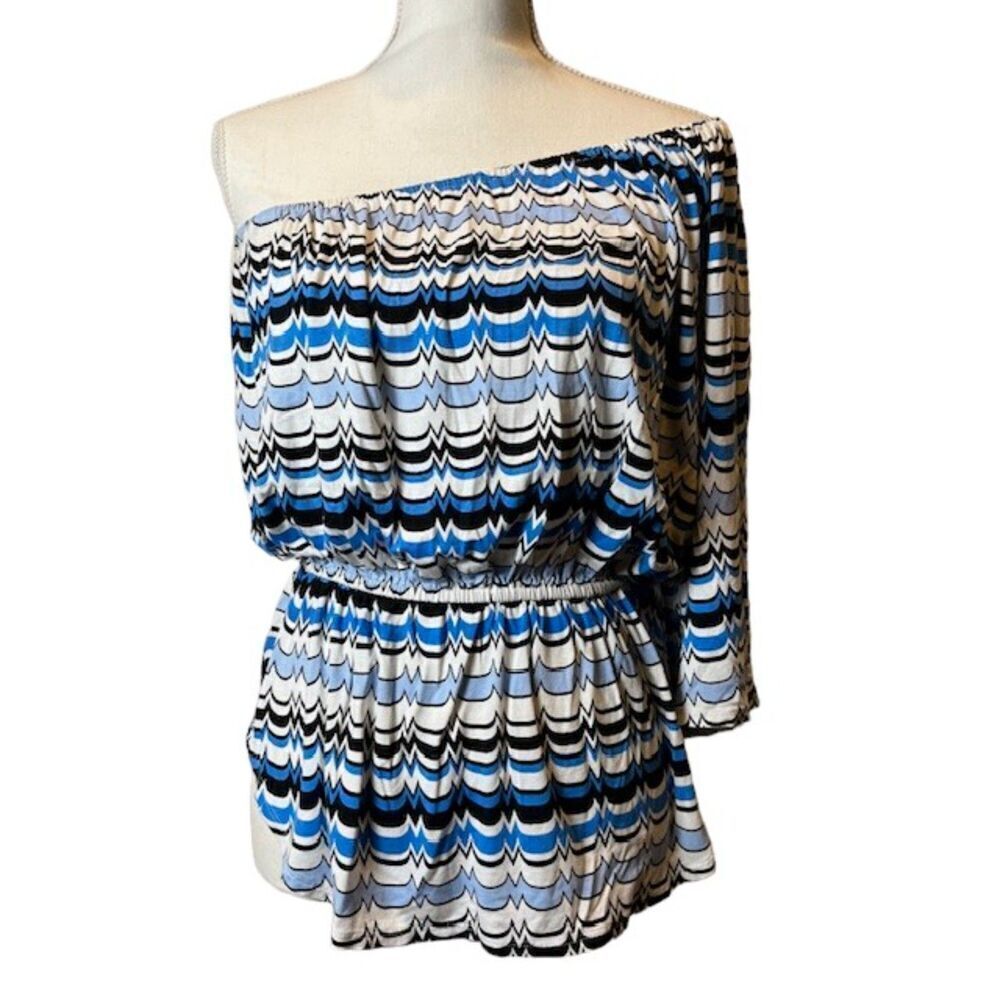 Hourglass Lilly Women's One Sleeve Top Blue White Black Zig Zag Jersey Knit Med
